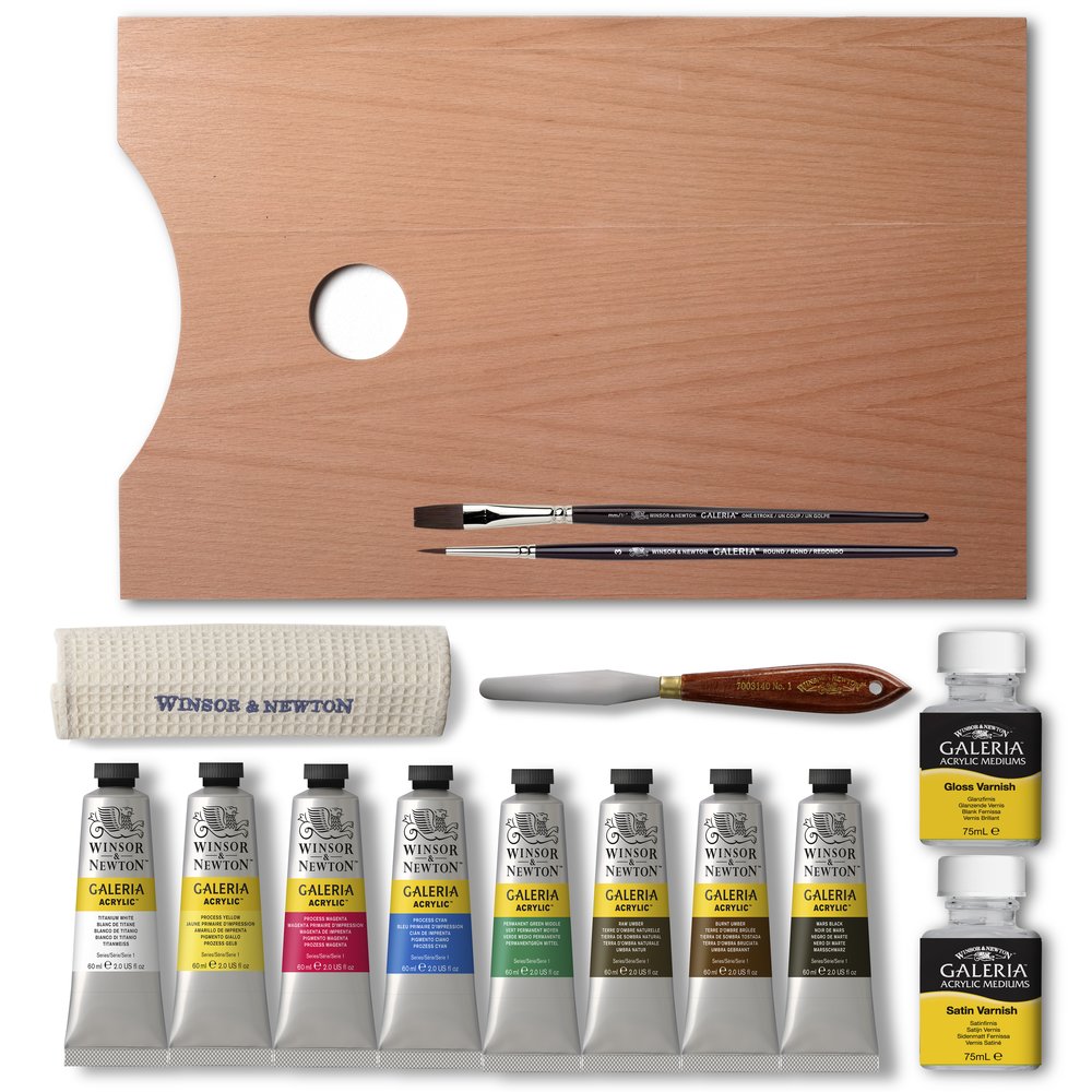 Winsor & Newton Galeria Acrylic Essentials akrilinių dažų rinkinys medinėje dėžėje