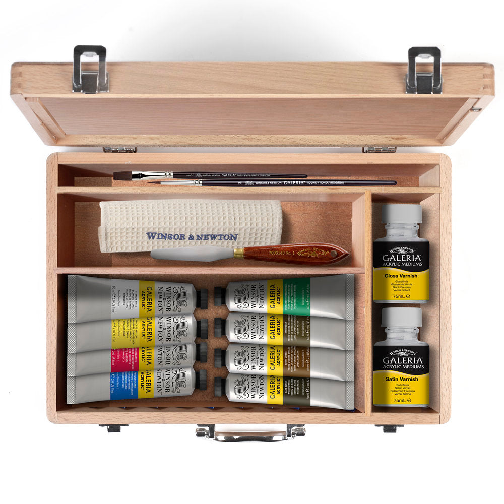 Winsor & Newton Galeria Acrylic Essentials akrilinių dažų rinkinys medinėje dėžėje