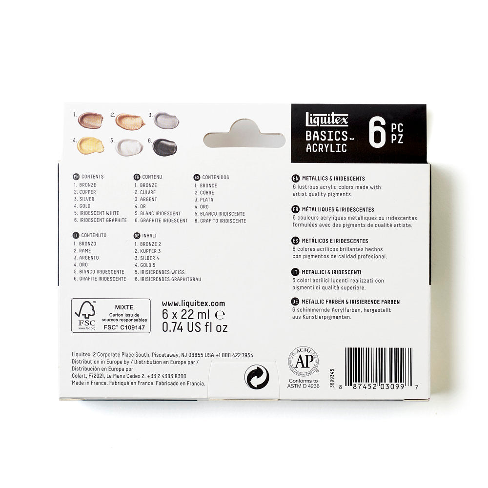 Liquitex BASICS Acrylic Metallics & Iridescents akrilinių dažų rinkinys 6 vnt. po 22 ml